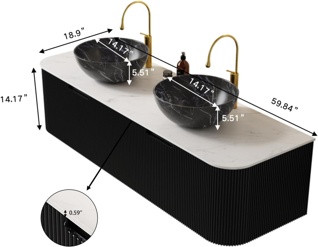 Yayzy 60' Floating Bathroom Vanity with Sink, Solid Wood Fluted Cabinet, White Marble-Patterned Ceramic Basin & Faux Marble Top, Soft-Close Drawer, Pre-Assembled, Gloss Black