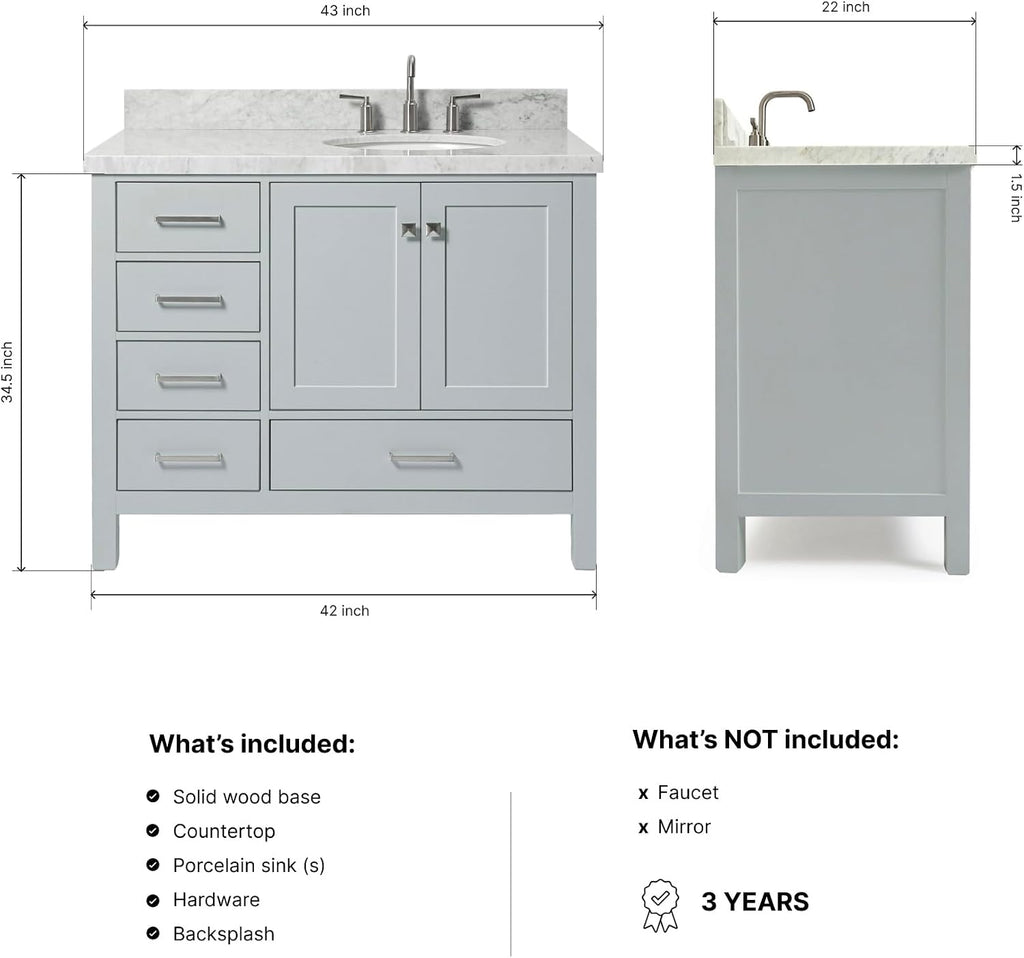 DKB Beckford 42-Inch Gray Bathroom Vanity with Carrara White Marble Countertop, Right Offset Oval Sink, 2 Soft Closing Doors, 5 Dovetail Drawers, Satin Nickel, No Mirror