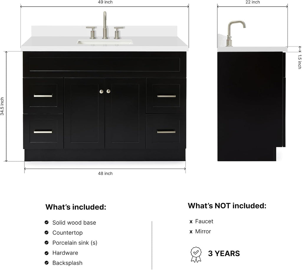 ARIEL Hamlet 48-inch Bathroom Vanity with Sink,Solid Wood, 1.5-inch Pure White Quartz Countertop & Backsplash, Single Rectangular Porcelain Sink, 2 Soft Closing Doors, 4 Dovetail Drawers, Black