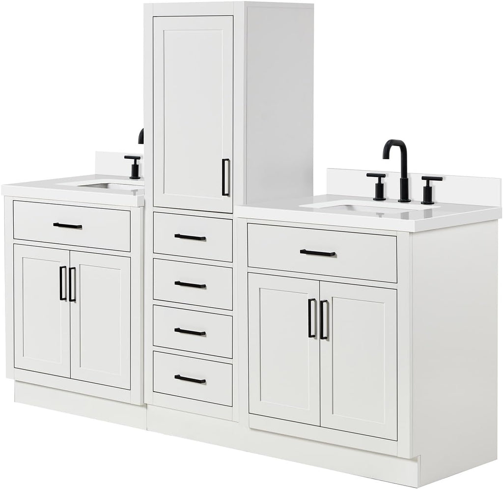 ARIEL Hepburn 82 Inch Includes 20 Inch Linen Cabinet and 2 of 31 Inch Single Rectangle Sink Bathroom Vanity with Pure White Quartz Countertop 1.5 Inch in White
