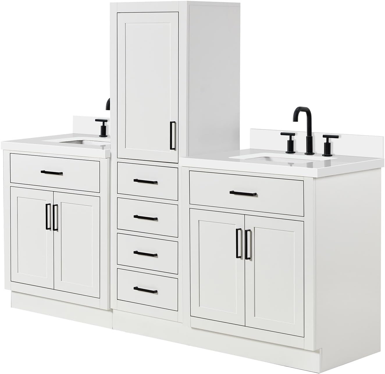 ARIEL Hepburn 82 Inch Includes 20 Inch Linen Cabinet and 2 of 31 Inch Single Rectangle Sink Bathroom Vanity with Pure White Quartz Countertop 1.5 Inch in White