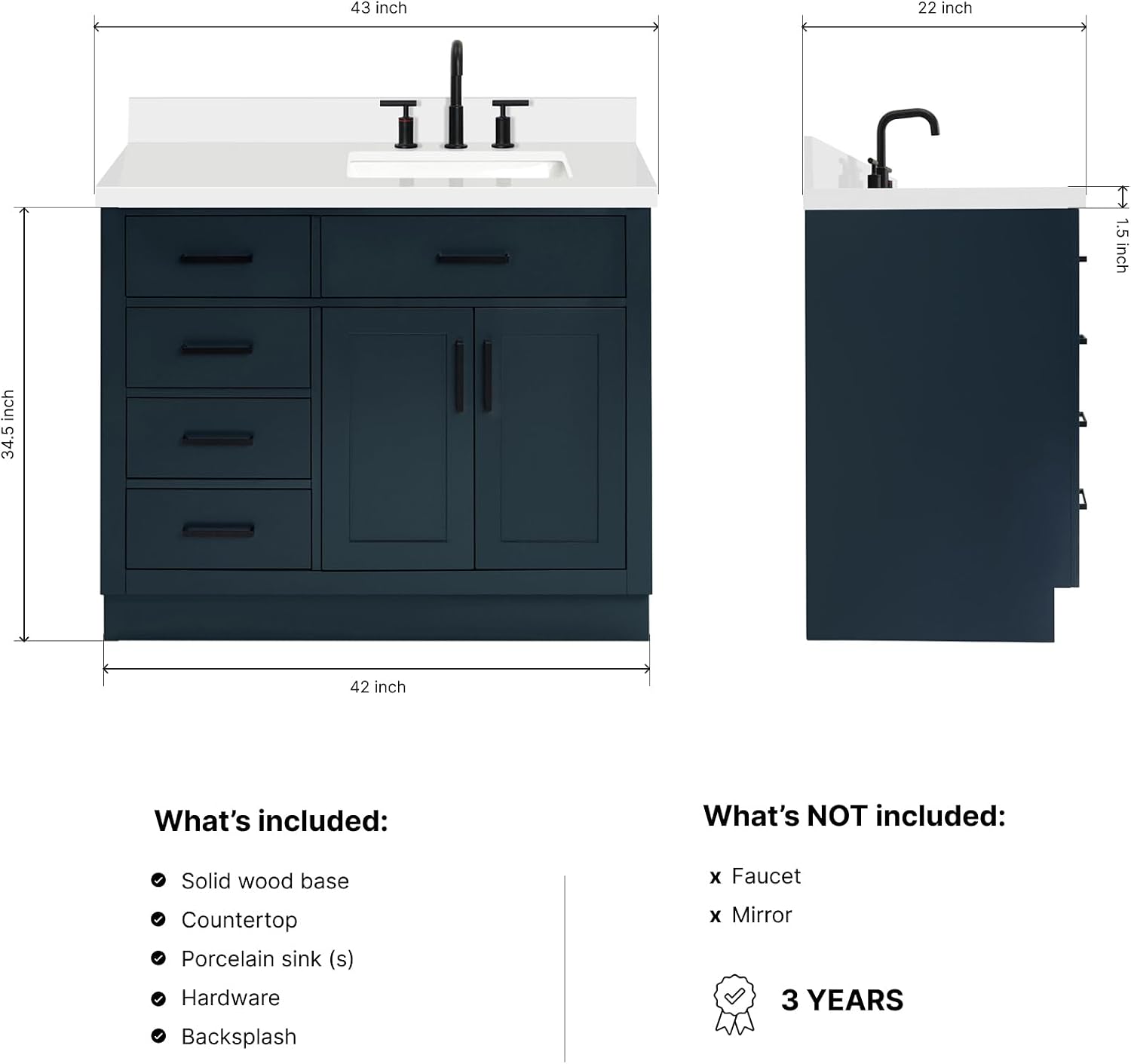 DKB Isabella 42' Midnight Blue Single Bathroom Vanity with Rectangular Undermount Sink, 1.5' Pure White Quartz Countertop, Solid Wood Frame, 2 Soft Closing Doors, 5 Full Extension Dovetail Drawers