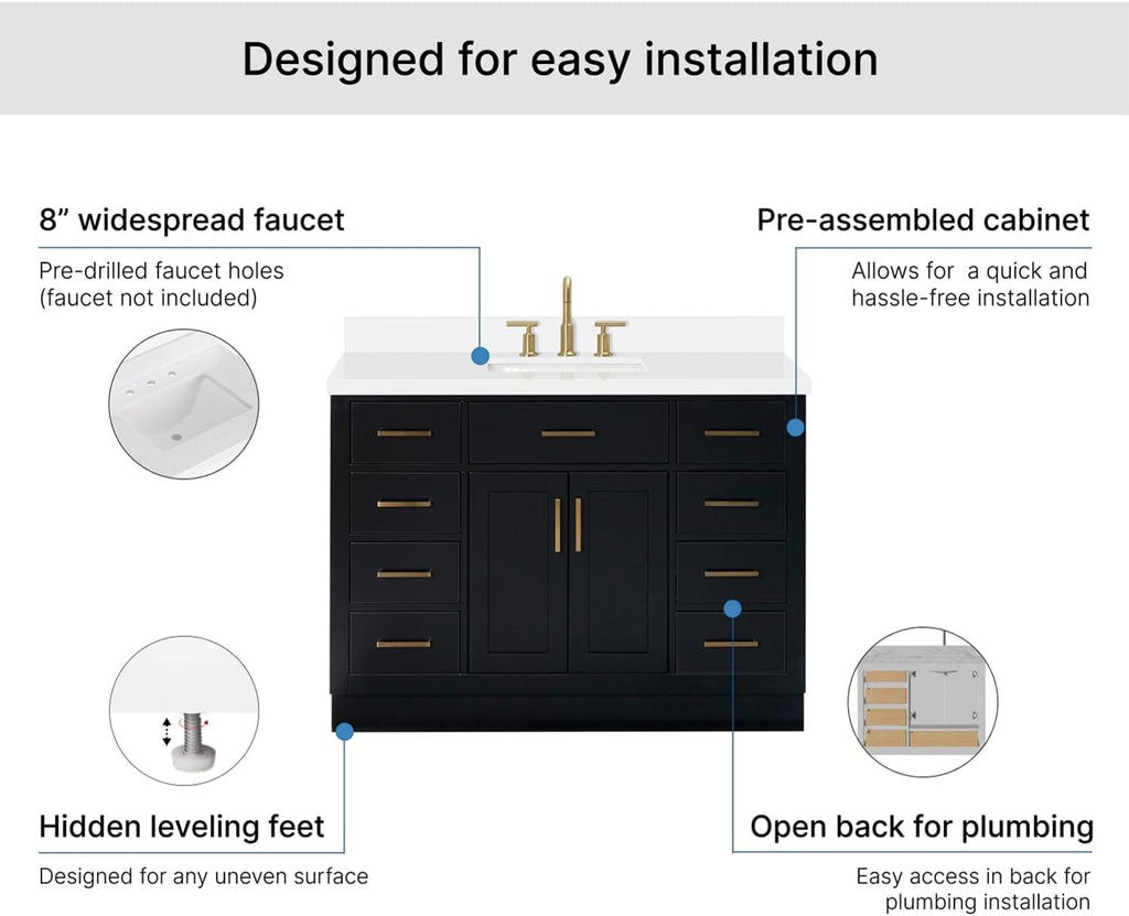 ARIEL Hepburn 48-inch Bathroom Vanity with Sink,Solid Wood, 1.5-inch Pure White Quartz Countertop & Backsplash, Single Rectangular Porcelain Sink, 2 Soft Closing Doors, 9 Dovetail Drawers, Black