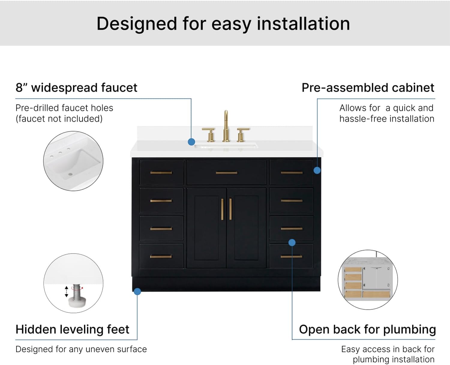 ARIEL Hepburn 48-inch Bathroom Vanity with Sink,Solid Wood, 1.5-inch Pure White Quartz Countertop & Backsplash, Single Rectangular Porcelain Sink, 2 Soft Closing Doors, 9 Dovetail Drawers, Black