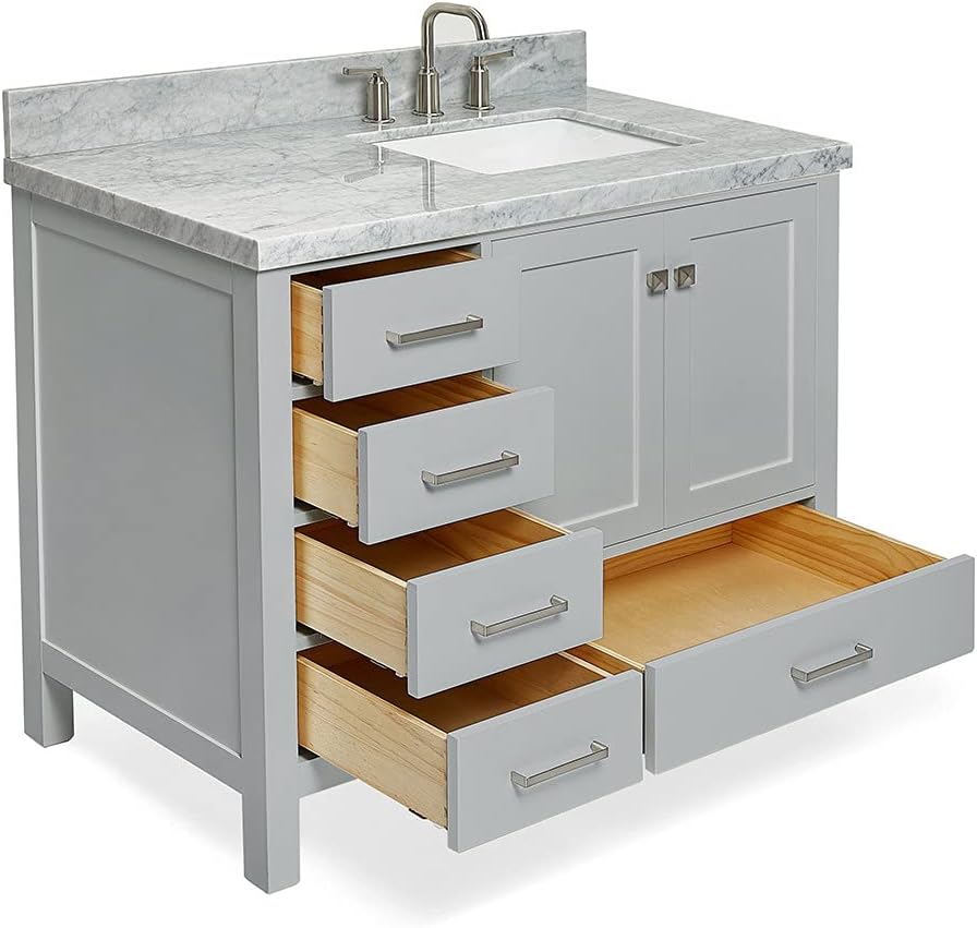 DKB Beckford 42-Inch Grey Bathroom Vanity with Right Offset Rectangular Undermount Sink, Italian Carrara White Marble Countertop, 2 Soft Closing Doors, 5 Dovetail Drawers, No Mirror