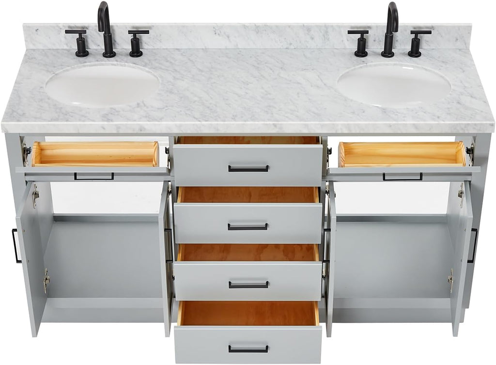 DKB Isabella 66' Grey Double Bathroom Vanity with Sink, 1.5' Edge Italian Carrara Marble Countertop, 2 Oval Undermount Sinks, 4 Soft Closing Doors, 6 Dovetail Drawers