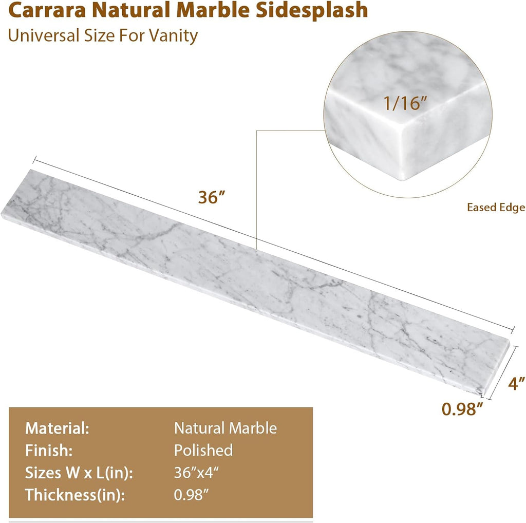 36 Inch Natural Marble Bidesplash for Bathroom Vanity Sink Top,Universal Bathroom Vanity Backsplashes,36 in. W x 4 in. H Backsplash in Carrara Marble