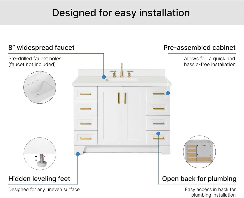 ARIEL Taylor 48-inch Bathroom Vanity with Sink,Solid Wood, 1.5-inch Pure White Quartz Countertop & Backsplash, Single Rectangular Porcelain Sink, 2 Soft Closing Doors, 9 Dovetail Drawers, White