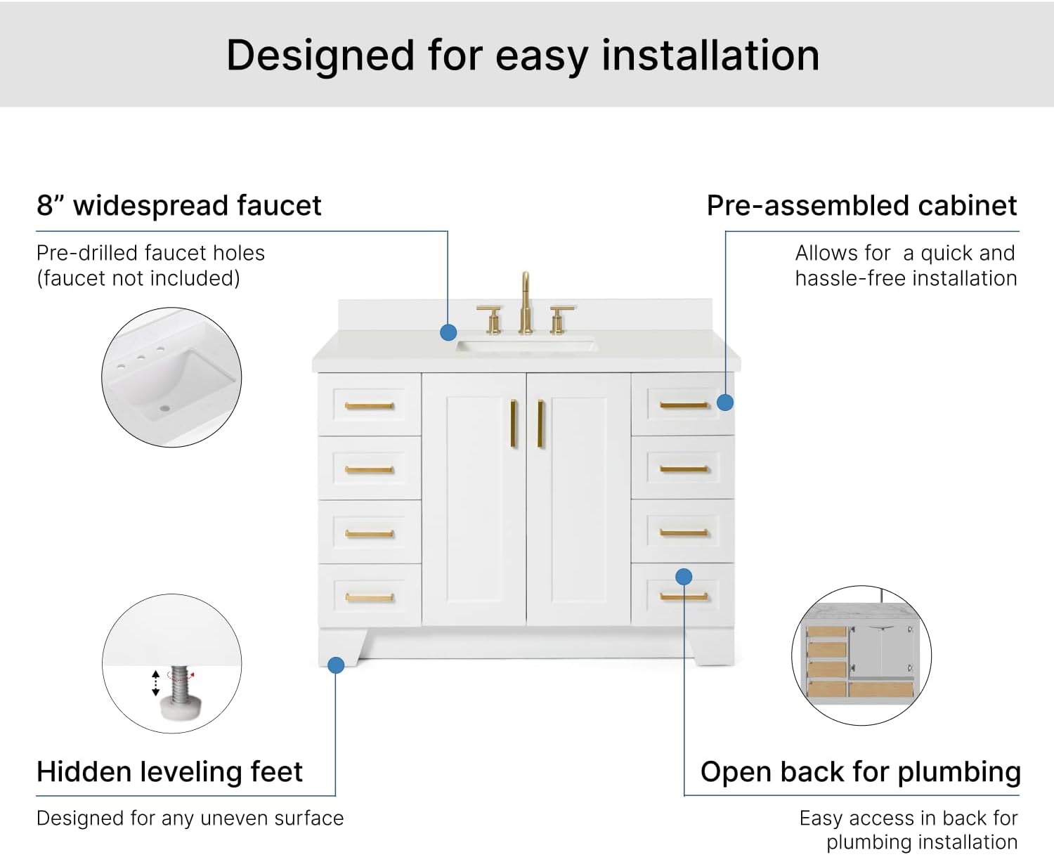 ARIEL Taylor 48-inch Bathroom Vanity with Sink,Solid Wood, 1.5-inch Pure White Quartz Countertop & Backsplash, Single Rectangular Porcelain Sink, 2 Soft Closing Doors, 9 Dovetail Drawers, White