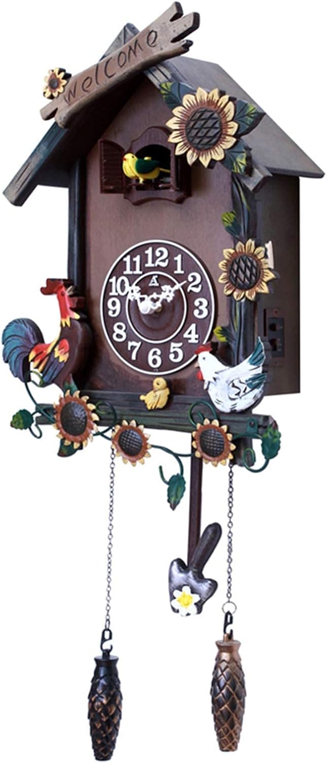 New Cuckoo Clock European Solid Wood Cuckoo Clocks Modern Creative Simple Living Room Wall Clock Hand-Carved Swing Clock Quartz Antique Wooden Retro Pendulum Clock Wall Decor