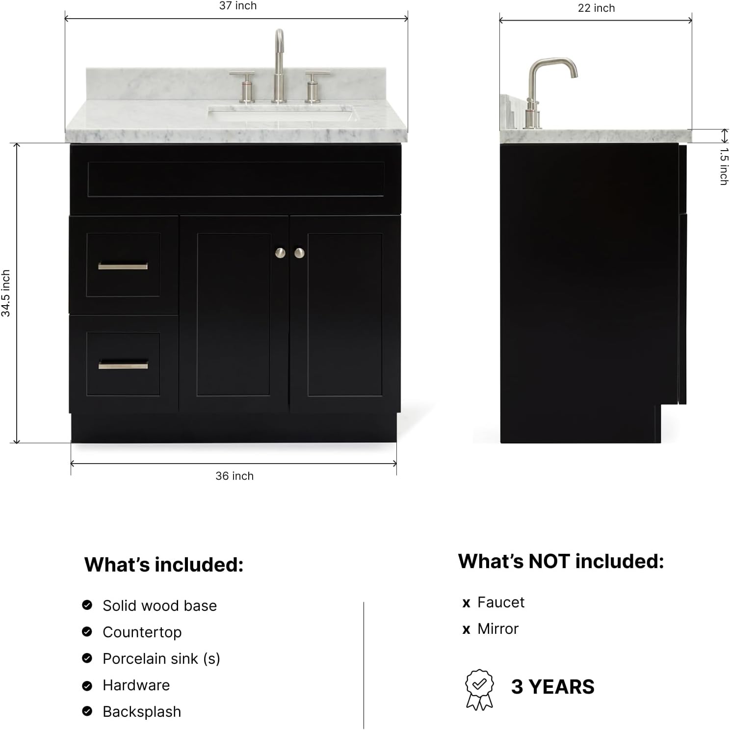 ARIEL Hamlet 36-inch Bathroom Vanity with Sink,Solid Wood, 1.5-inch Italian Carrara Marble Countertop, Single Rectangular Porcelain Sink, 2 Soft Closing Doors, 2 Dovetail Drawers, Black