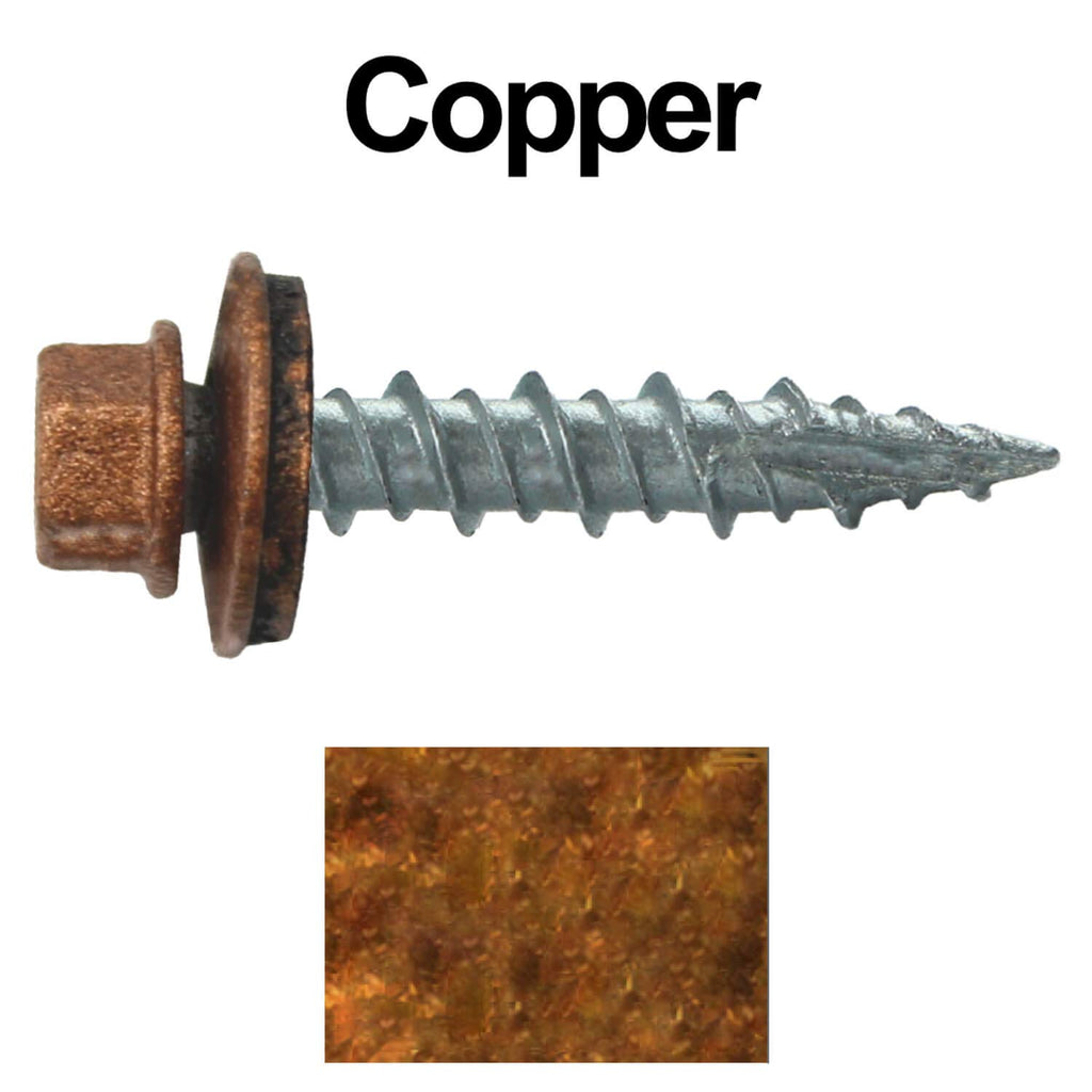 10 x 1 Copper Metal Roofing Screws - Hex Washer Head- Self-Starting/Tapping - EPDM Washer. 4 X 250 Bags - 1,000 Screws