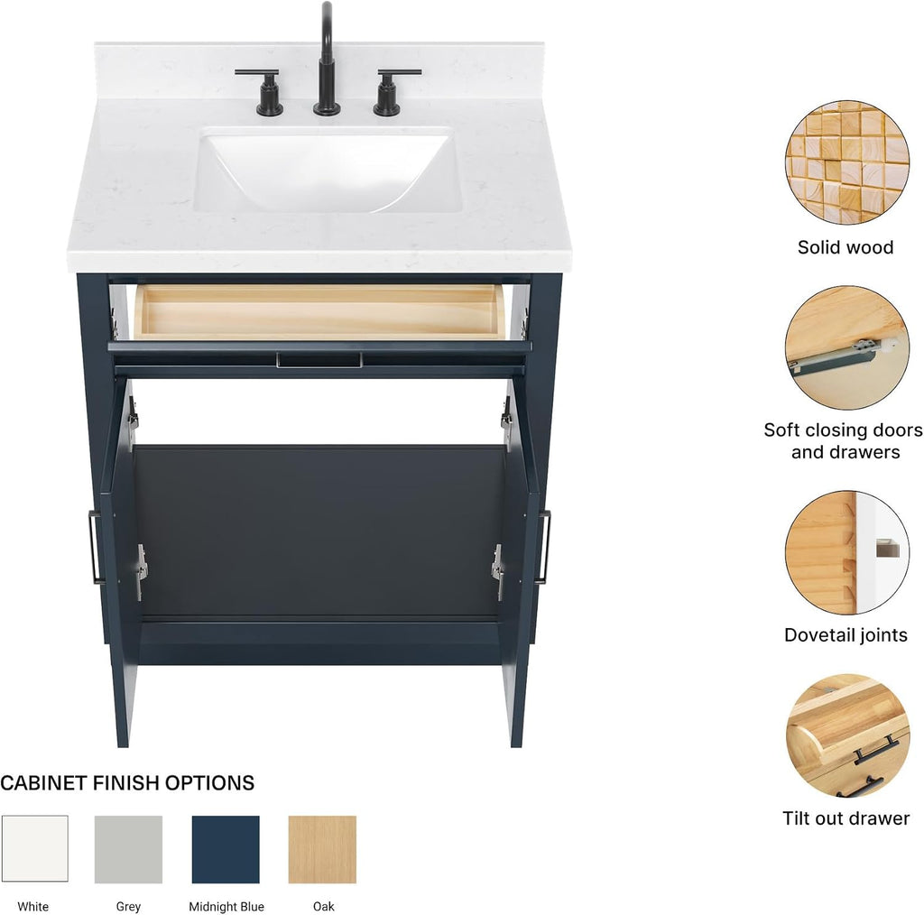 ARIEL Hepburn 30-inch Bathroom Vanity with Sink,Solid Wood, 1.5-inch Carrara White Quartz Countertop, Single Rectangular Porcelain Sink, 2 Soft Closing Doors, 1 Dovetail Drawers, Midnight Blue
