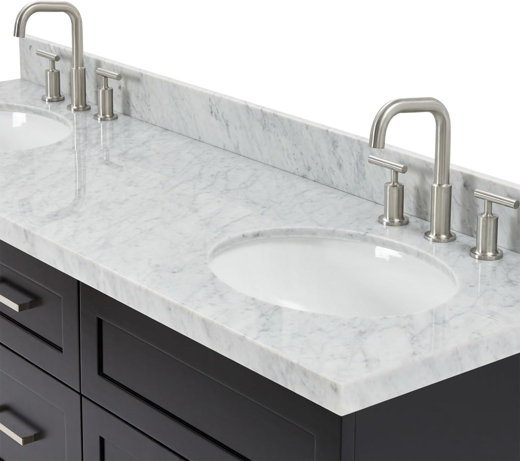 ARIEL Hamlet 66-inch Bathroom Vanity with Sink,Solid Wood, 1.5-inch Italian Carrara Marble Countertop & Backsplash, Double Oval Porcelain Sink, 4 Soft Closing Doors, 3 Dovetail Drawers, Black