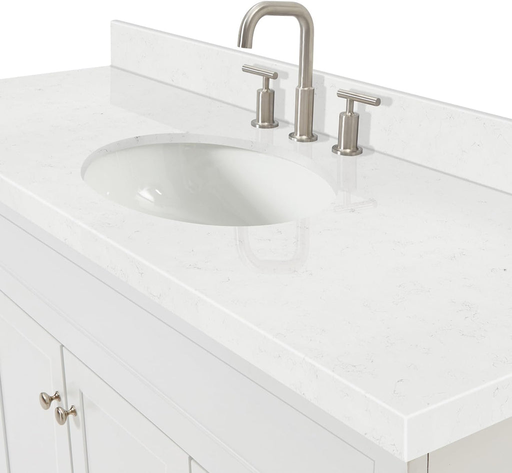 ARIEL Hamlet 60-inch Bathroom Vanity with Sink,Solid Wood, 1.5-inch Carrara White Quartz Countertop & Backsplash, Single Oval Porcelain Sink, 2 Soft Closing Doors, 4 Dovetail Drawers, White