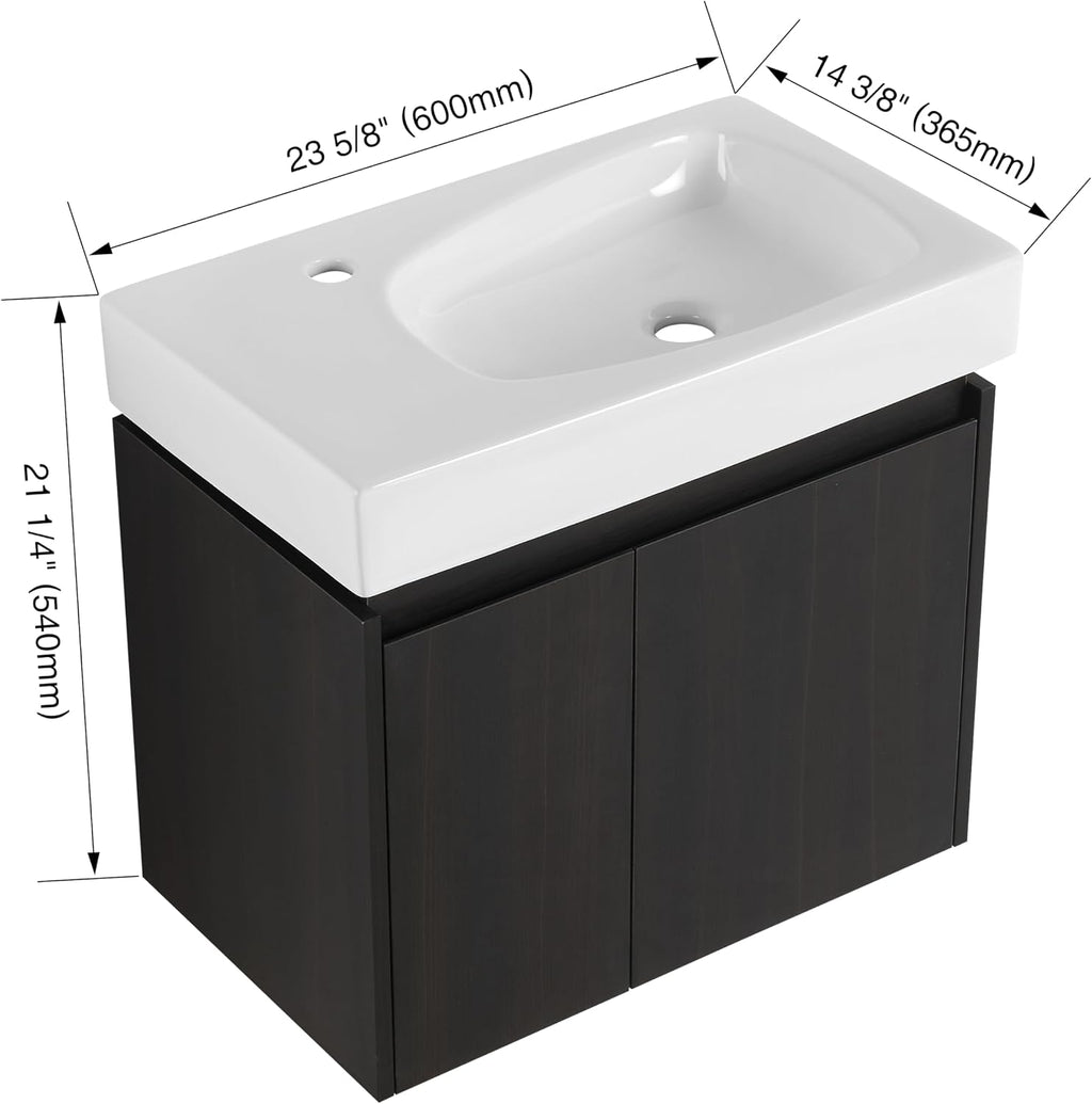 Small Bathroom Vanity with Sink, 24 Inch Bathroom Vanity with Sink, Floating Vanity Bathroom with Soft Closed Door, Integrated Sink, Engineered Wood (Black)