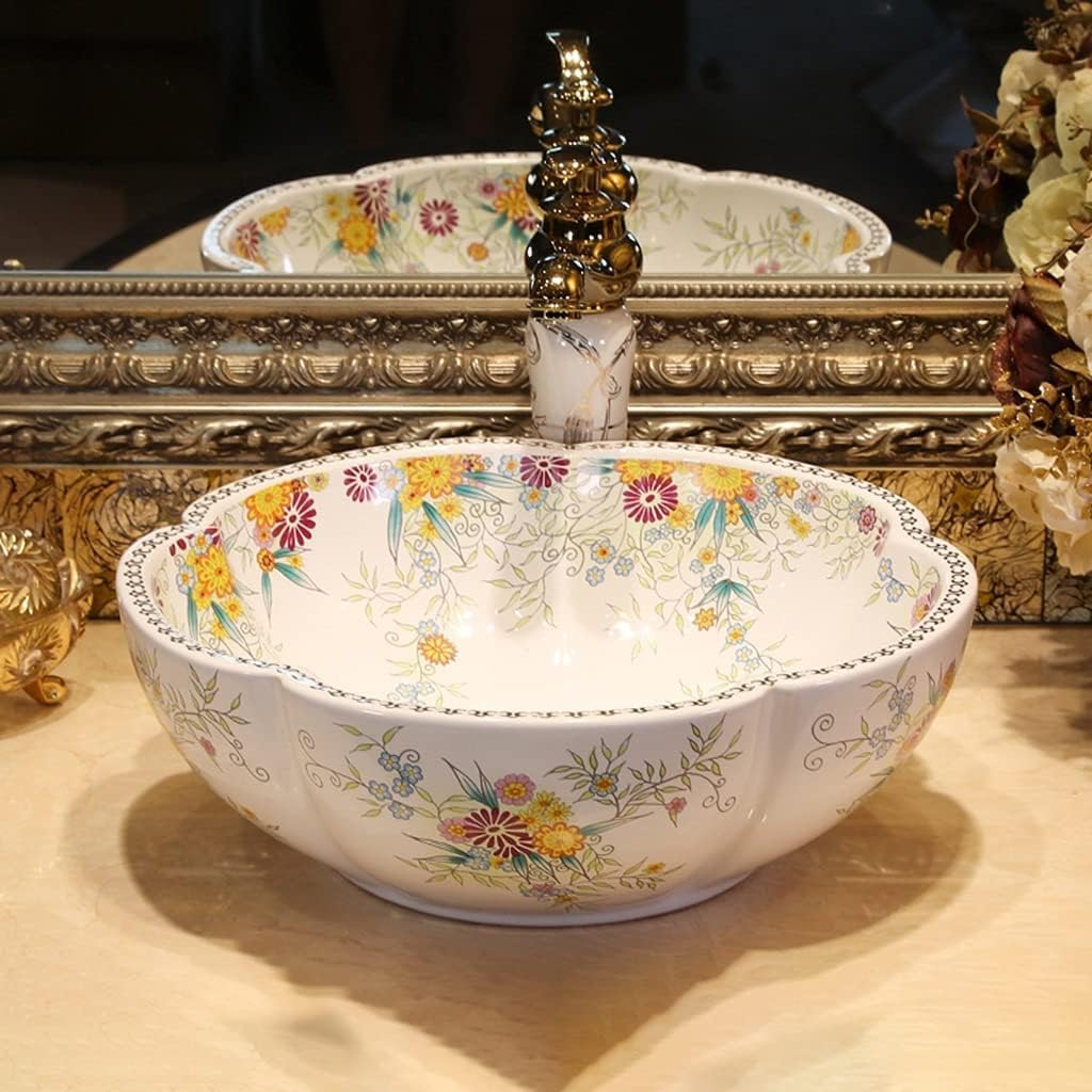 Bathroom Bar Vanity Vessel Sinks Above Counter Vanity Sink Tops Petal-Shaped Bathroom Sink,European-Style Ceramic Art Basin for Household Use,White,42 * 15cm