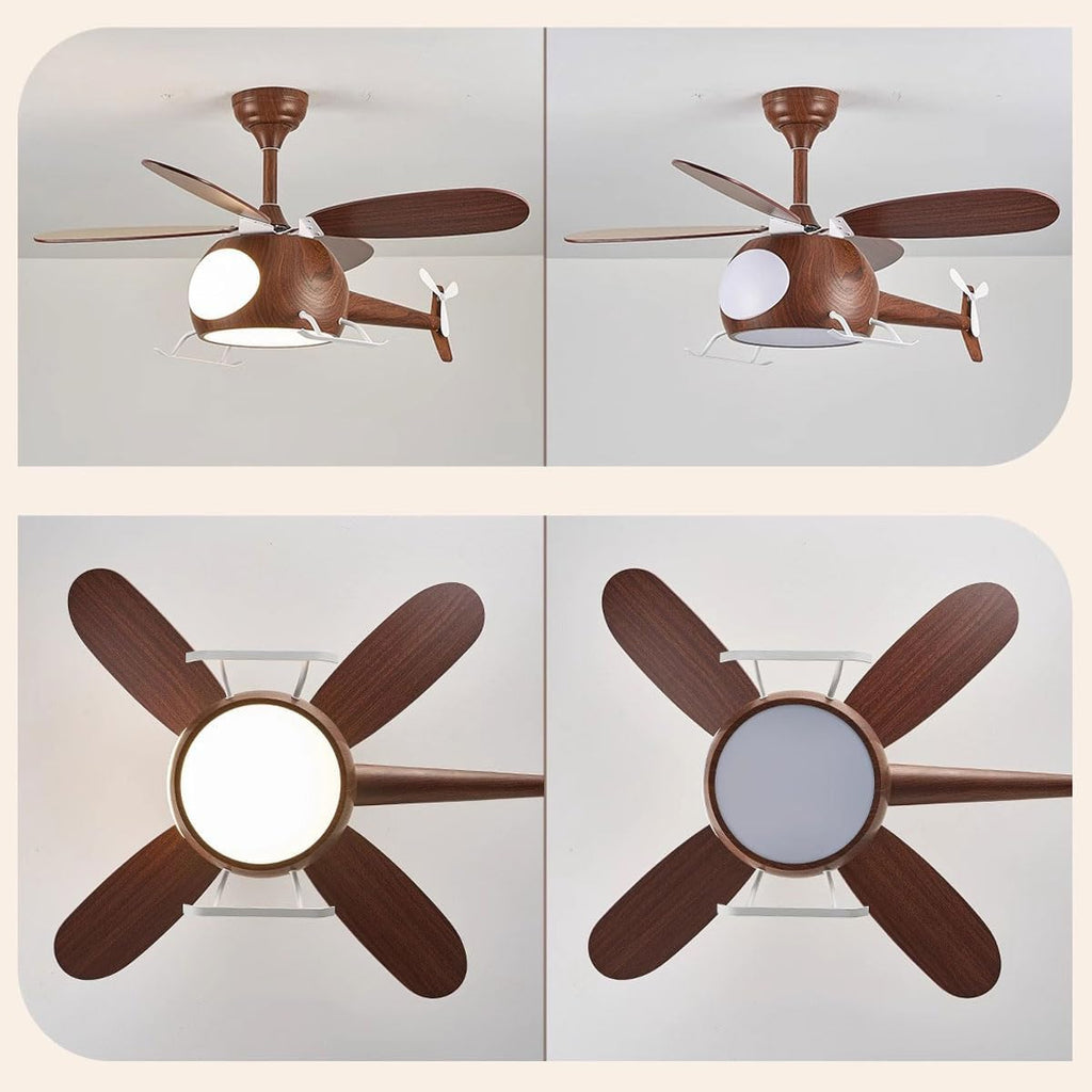 Children's Bedroom Ceiling Fan With Lights,Dimmable Kids Room Cartoon Ceiling Fan Lamp,Helicopter Model Wood Grain Airplane Pendant Light Decoration Fixtures,Remote Control Speed,Hydrographic Printing