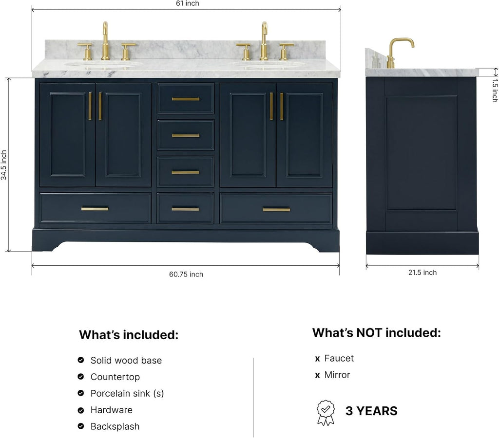 ARIEL Stafford 60-inch Bathroom Vanity with Sink,Solid Wood, 1.5-inch Italian Carrara Marble Countertop, Double Oval Porcelain Sink, 4 Soft Closing Doors, 6 Dovetail Drawers, Midnight Blue