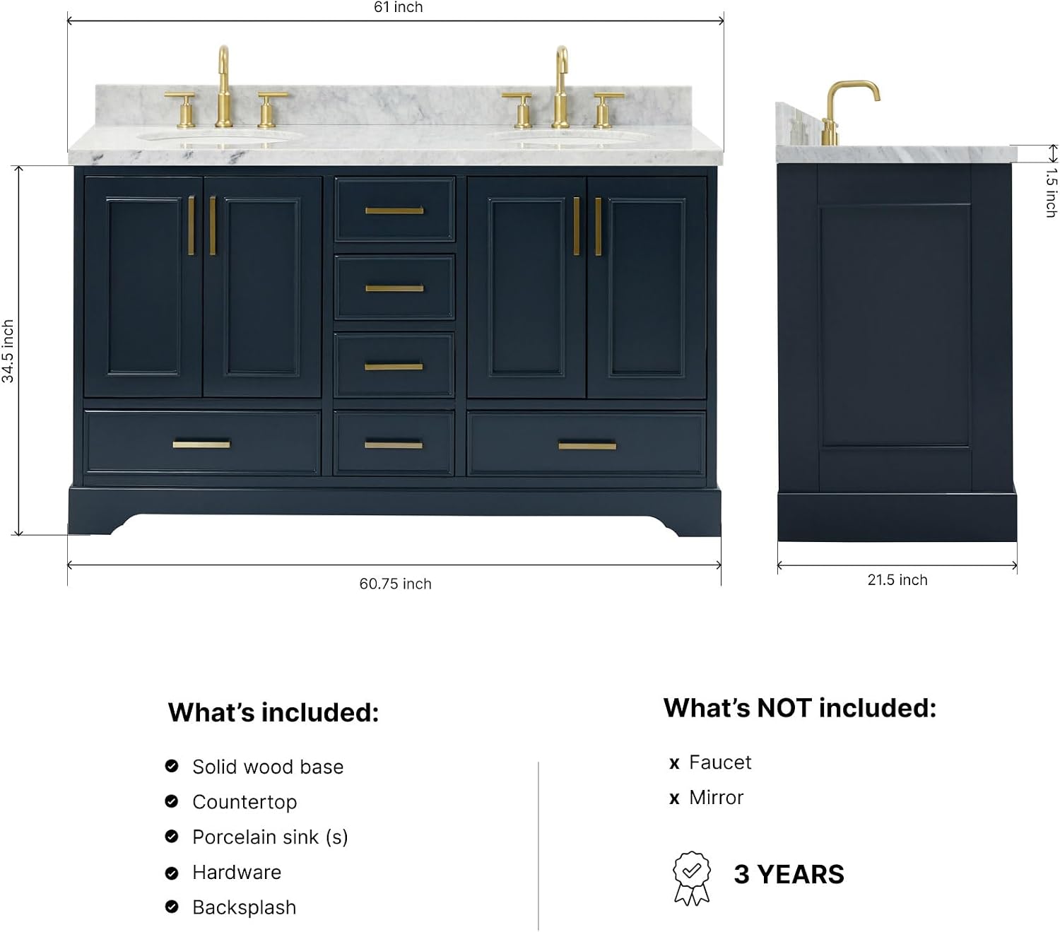 ARIEL Stafford 60-inch Bathroom Vanity with Sink,Solid Wood, 1.5-inch Italian Carrara Marble Countertop, Double Oval Porcelain Sink, 4 Soft Closing Doors, 6 Dovetail Drawers, Midnight Blue