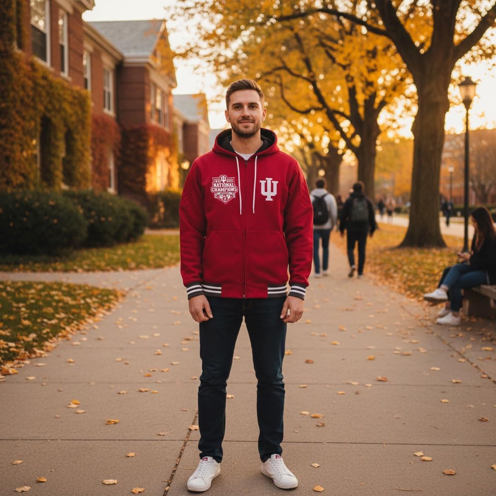 Franchise Club Mens Indiana Hoosiers 2025 Champs Grind Hoodie Jacket | All Red CFP Champions Jacket with Full Zip Front and Licensed Patches and Team Logos