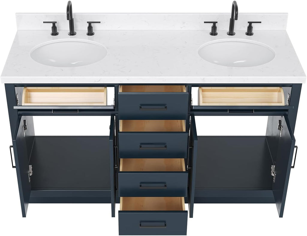 ARIEL Hepburn 60-inch Bathroom Vanity with Sink,Solid Wood, 1.5-inch Carrara White Quartz Countertop, Double Oval Porcelain Sink, 4 Soft Closing Doors, 6 Dovetail Drawers, Midnight Blue