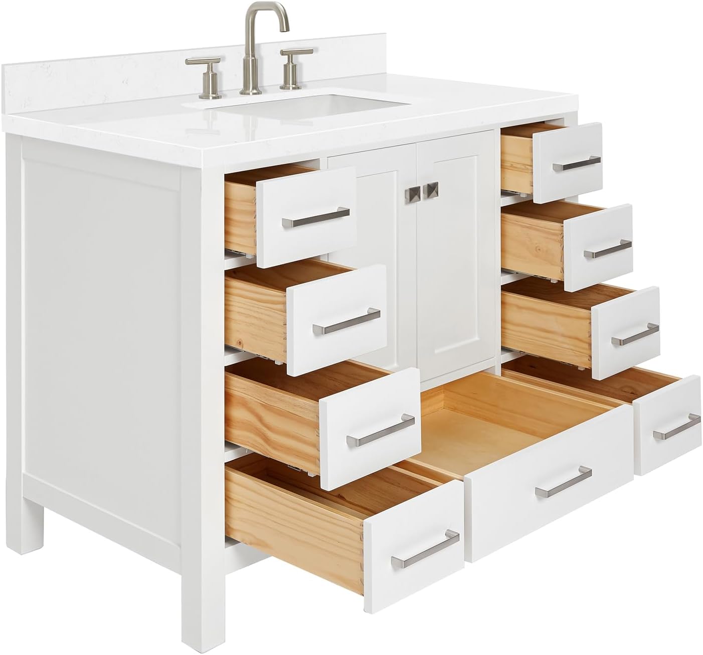 ARIEL Cambridge 42-inch Bathroom Vanity with Sink,Solid Wood, 1.5-inch Carrara White Quartz Countertop, Single Rectangular Porcelain Sink, 2 Soft Closing Doors, 9 Dovetail Drawers, White