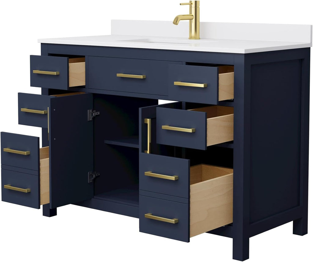 Beckett 48 Inch Single Bathroom Vanity in Dark Blue, White Cultured Marble Countertop, Undermount Square Sink, Brushed Gold Trim