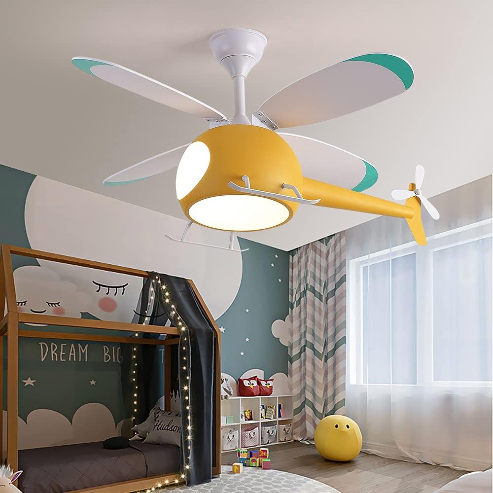 Children's Bedroom Ceiling Fan with lights,Remote control speed,Dimmable Kids Room Cartoon Ceiling Fan Lamp,Helicopter Model Teddy Bear Model Options Yellow