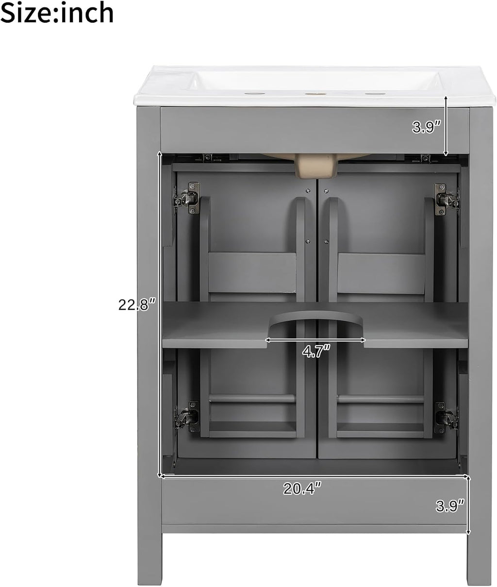 Harper & Bright Designs 24' Bathroom Vanity with Sink, Free Standing Single Basin Vanity Set with 2 Soft-Close Doors and Drawer, Modern Wooden Storage Cabinet with Ceramic Basin for Bathroom, Grey