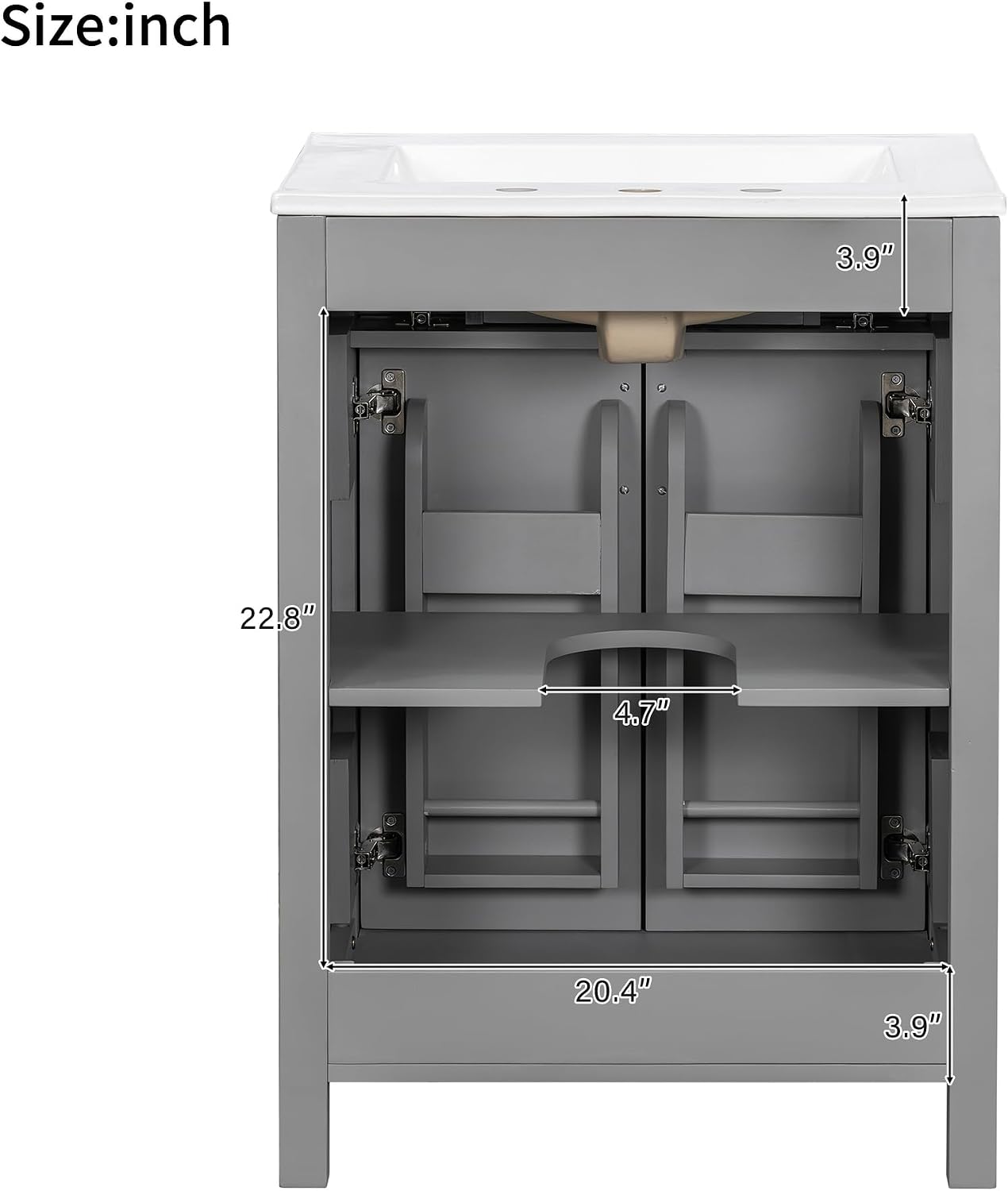 Harper & Bright Designs 24' Bathroom Vanity with Sink, Free Standing Single Basin Vanity Set with 2 Soft-Close Doors and Drawer, Modern Wooden Storage Cabinet with Ceramic Basin for Bathroom, Grey