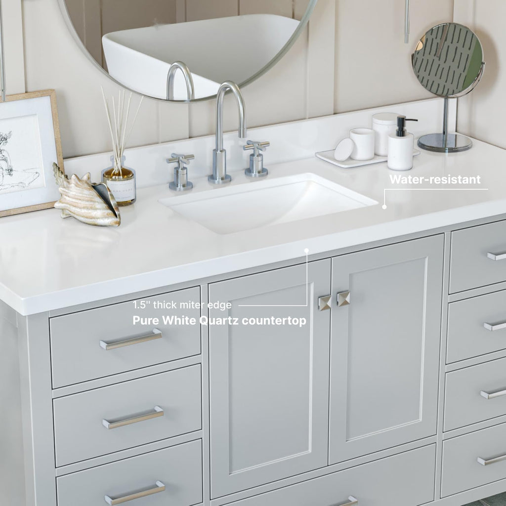 ARIEL Cambridge 60-inch Bathroom Vanity with Sink,Solid Wood, 1.5-inch Pure White Quartz Countertop & Backsplash, Single Rectangular Porcelain Sink, 2 Soft Closing Doors, 9 Dovetail Drawers, Grey