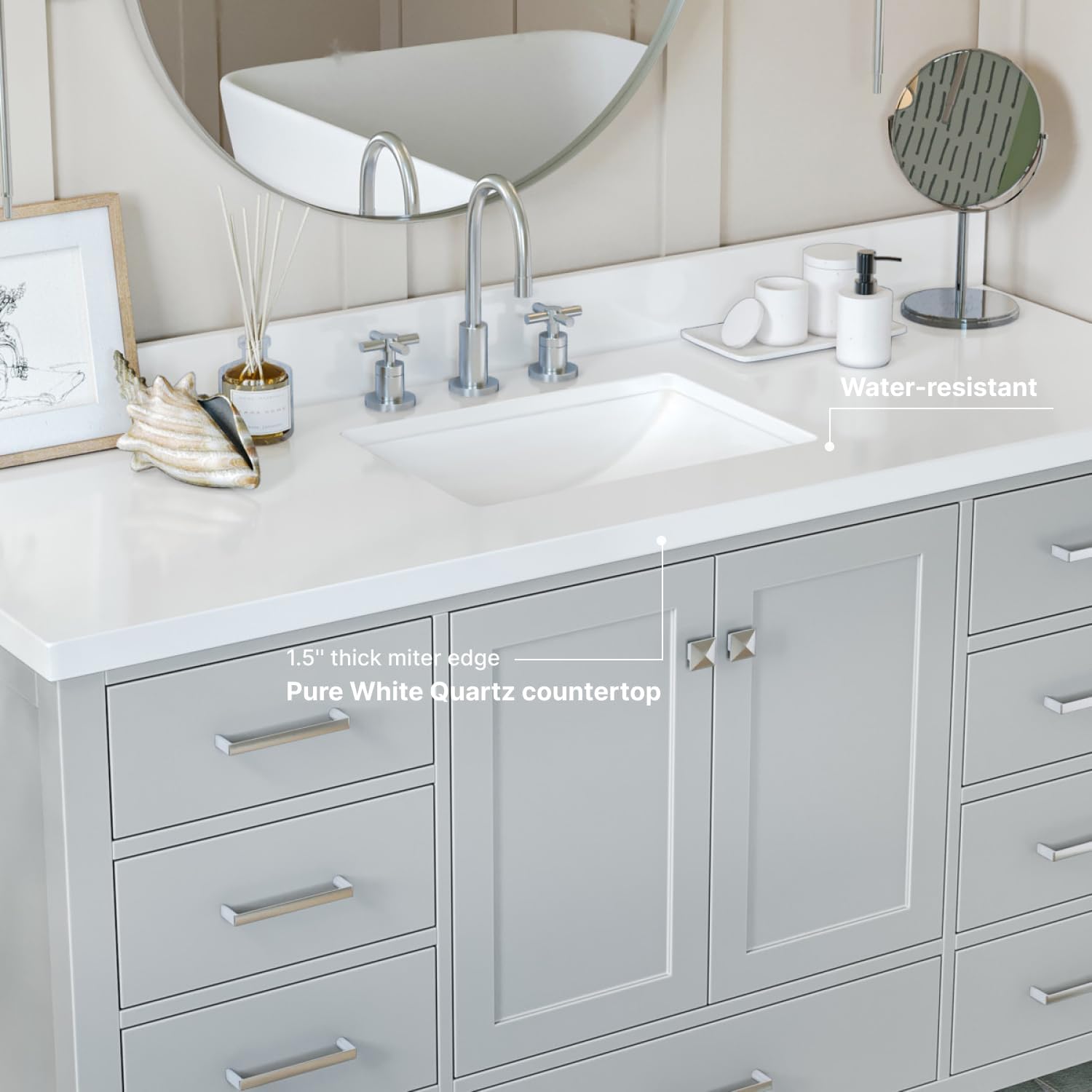 ARIEL Cambridge 60-inch Bathroom Vanity with Sink,Solid Wood, 1.5-inch Pure White Quartz Countertop & Backsplash, Single Rectangular Porcelain Sink, 2 Soft Closing Doors, 9 Dovetail Drawers, Grey