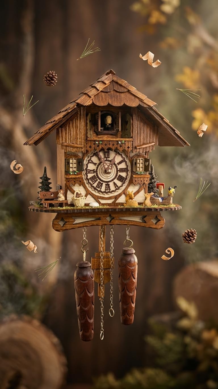 Cuckoo Palace German Cuckoo Clock – Black Forest Hillside Chalet with Animal Figures – Quartz Movement with Music – Night Silence Sensor – 10.6 Inch Wall Clock