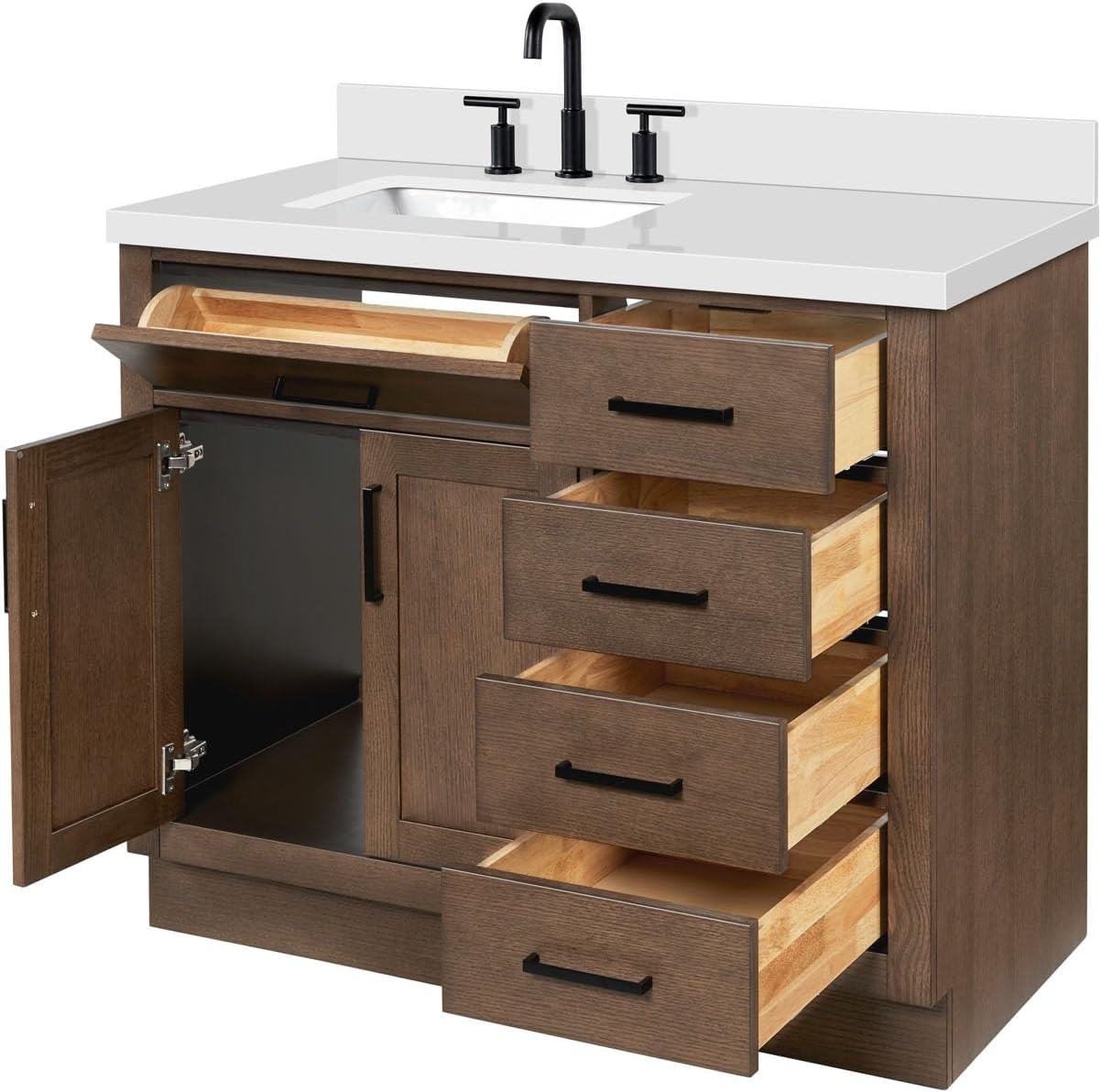 DKB Isabella 42-Inch Brown Oak Single Bathroom Vanity with Sink, 1.5-Inch Edge Pure White Quartz Countertop & 4' Backsplash, Soft-Closing Doors & Drawers, Solid Oak Wood Construction