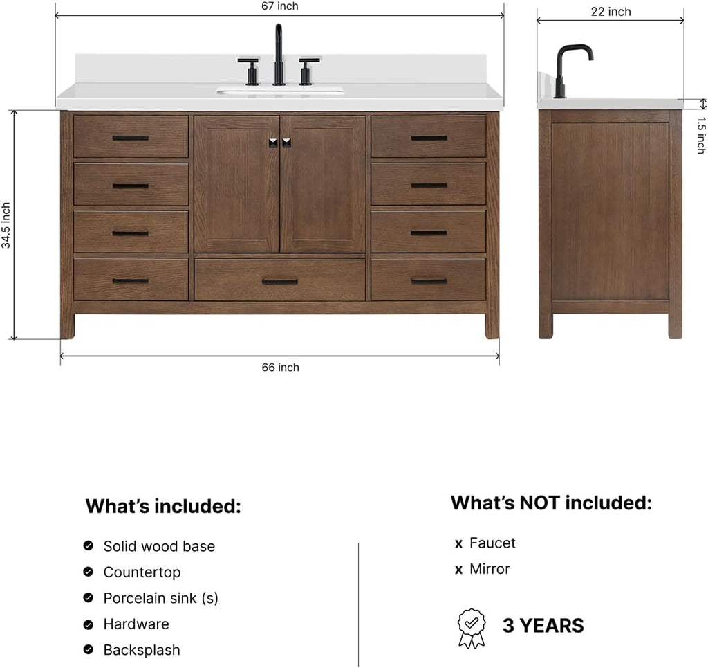 ARIEL Cambridge 66-inch Bathroom Vanity with Sink,Solid Wood, 1.5-inch Pure White Quartz Countertop, Single Rectangular Porcelain Sink, 2 Soft Closing Doors, 9 Dovetail Drawers, Brown Oak