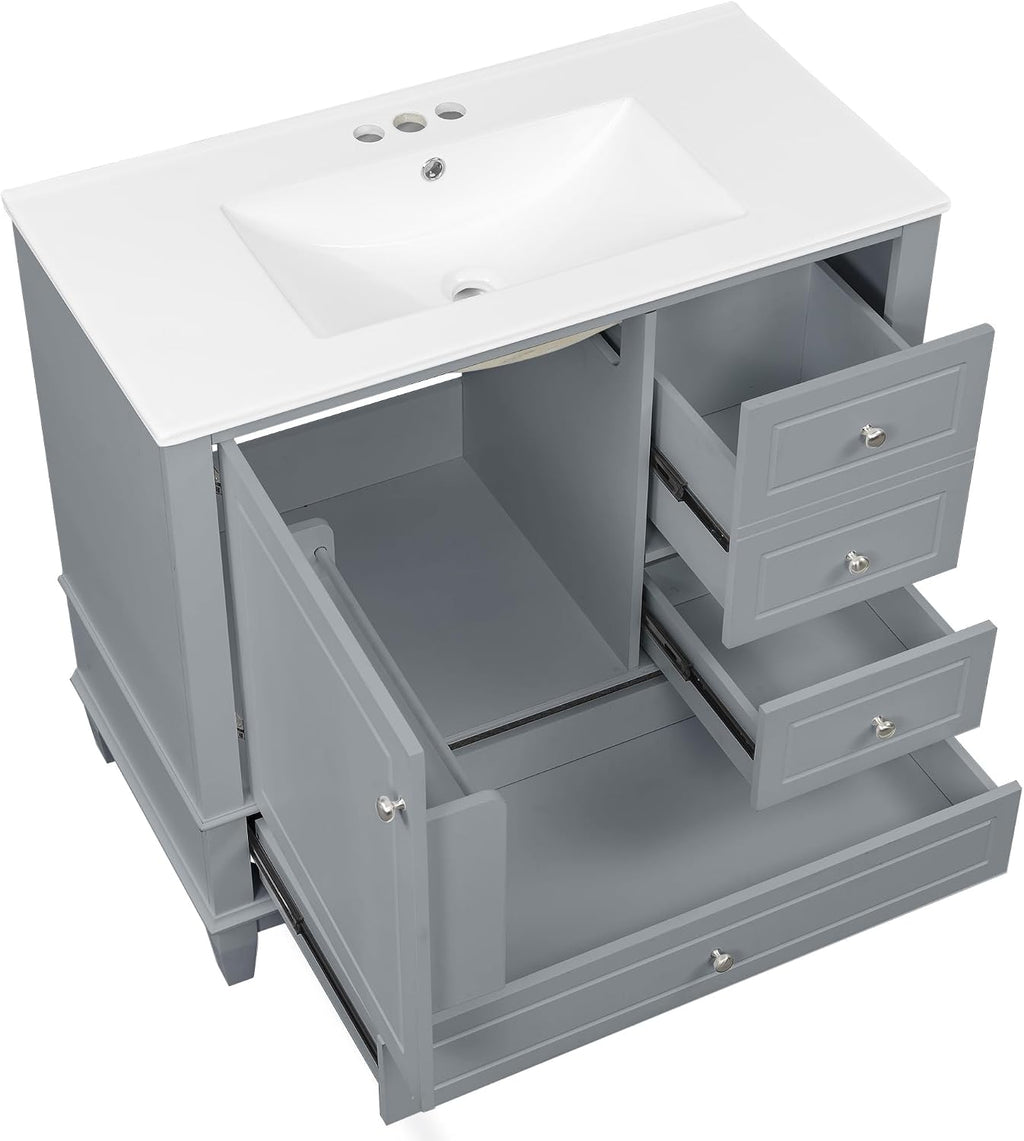 36 Inch Bathroom Vanity with Sink Set, Undermount Vanity Sink Cabinet with 3 Drawers and Door Storage, Soft Closing Door, Wood Frame, Gray
