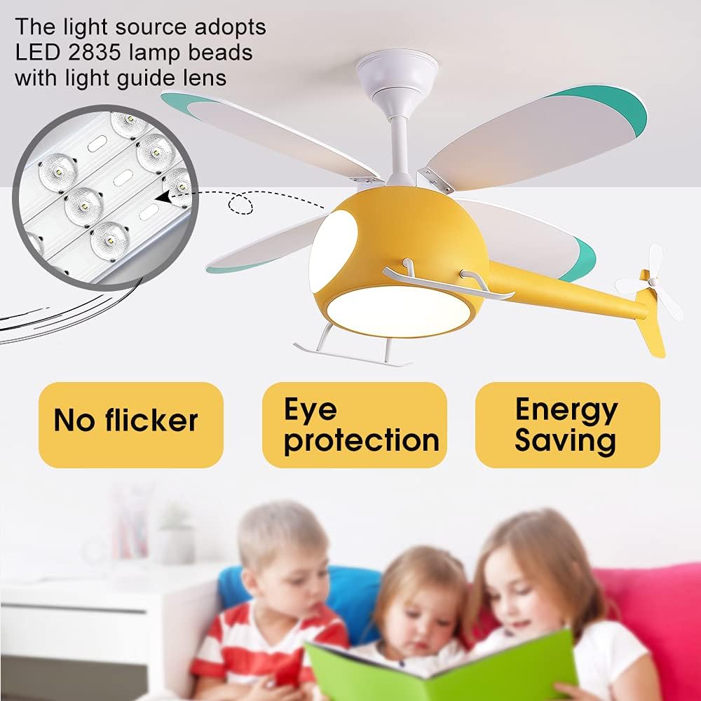 Children's Bedroom Ceiling Fan with lights,Remote control speed,Dimmable Kids Room Cartoon Ceiling Fan Lamp,Helicopter Model Teddy Bear Model Options Yellow