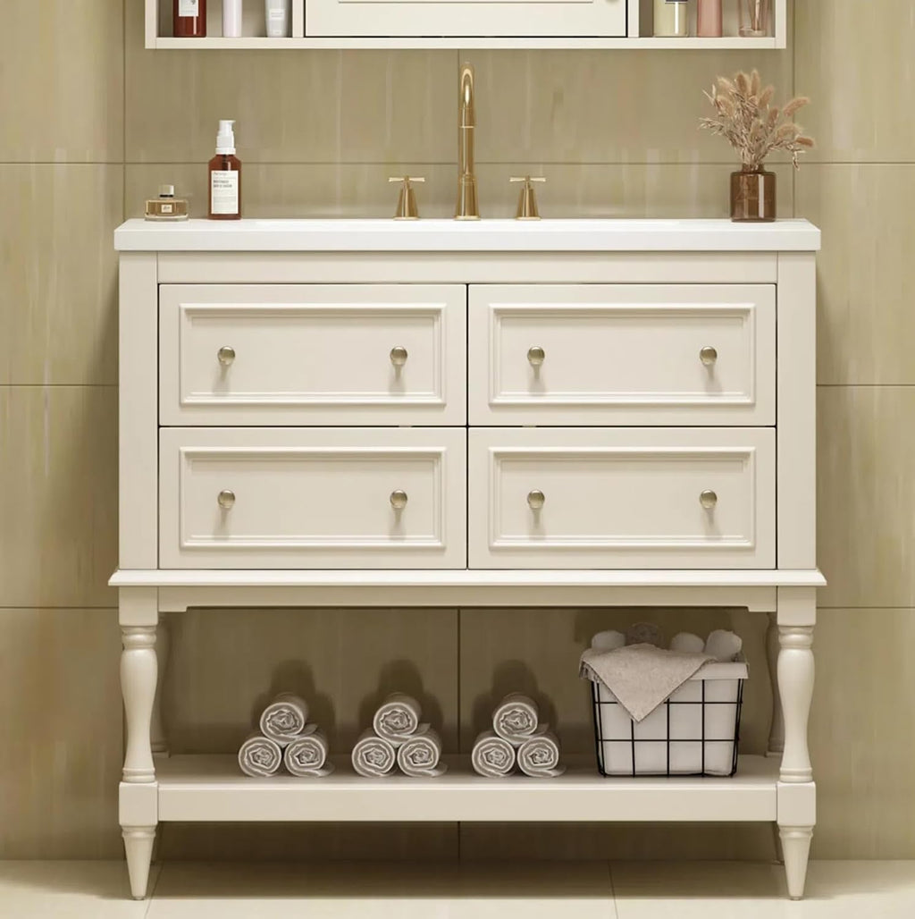 Virubi 36'' Bathroom Vanity with Single Sink, Freestanding Sink Cabinet with 4 Drawers and Open Shelf, Solid Wood Frame Bathroom Storage Cabinet