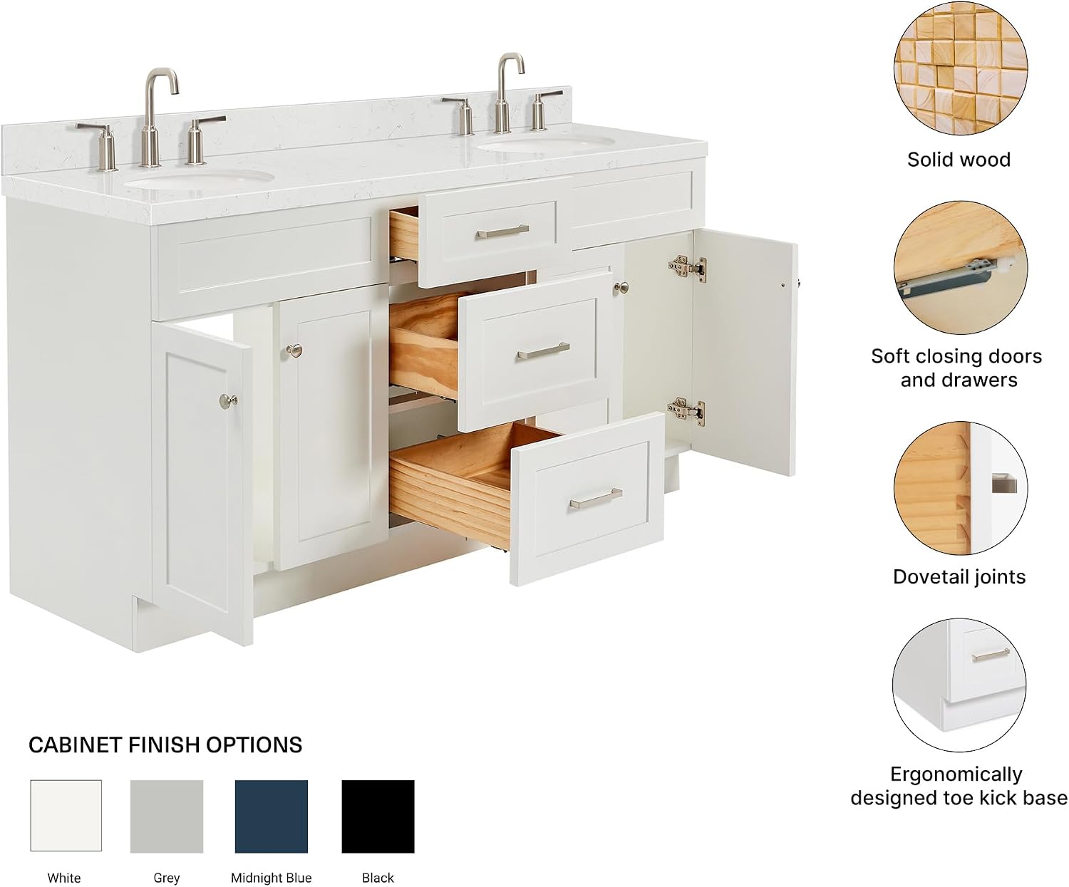 ARIEL Hamlet 66-inch Bathroom Vanity with Sink,Solid Wood, 1.5-inch Carrara White Quartz Countertop & Backsplash, Double Oval Porcelain Sink, 4 Soft Closing Doors, 3 Dovetail Drawers, White