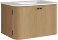 Modway Zia 30 Inch Wall-Mount Bathroom Vanity in Natural with Marble Sink Basin - Floating Bathroom Cabinet with Fluted Design