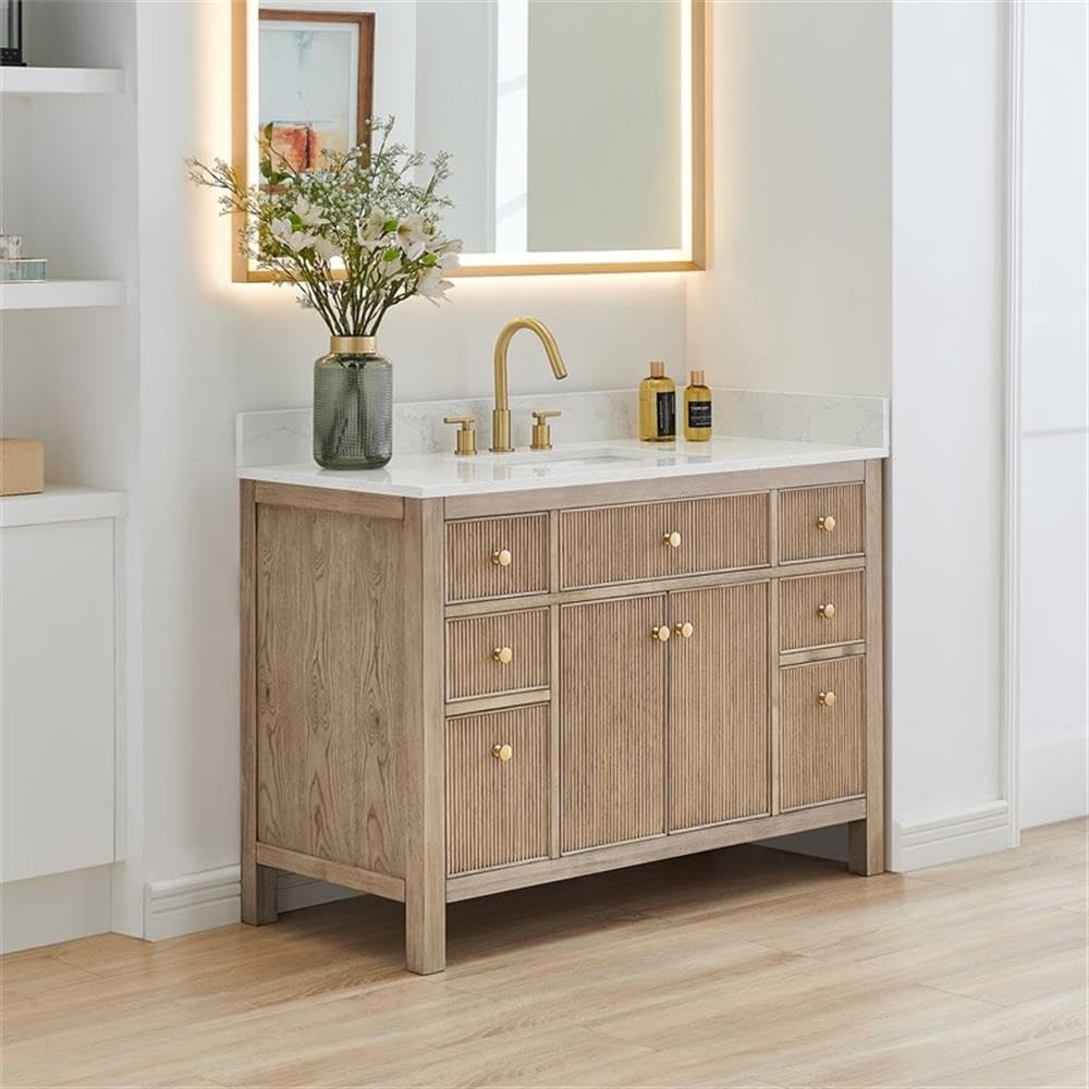 Pemberly Row 48' Bathroom Vanity, Natural Oak Finish, Engineered Stone Top, No Mirror, 7 Drawers, 2 Fluted Soft-Close Doors, Ceramic Undermount Sink, Contemporary Style Cabinet for Bathroom Storage