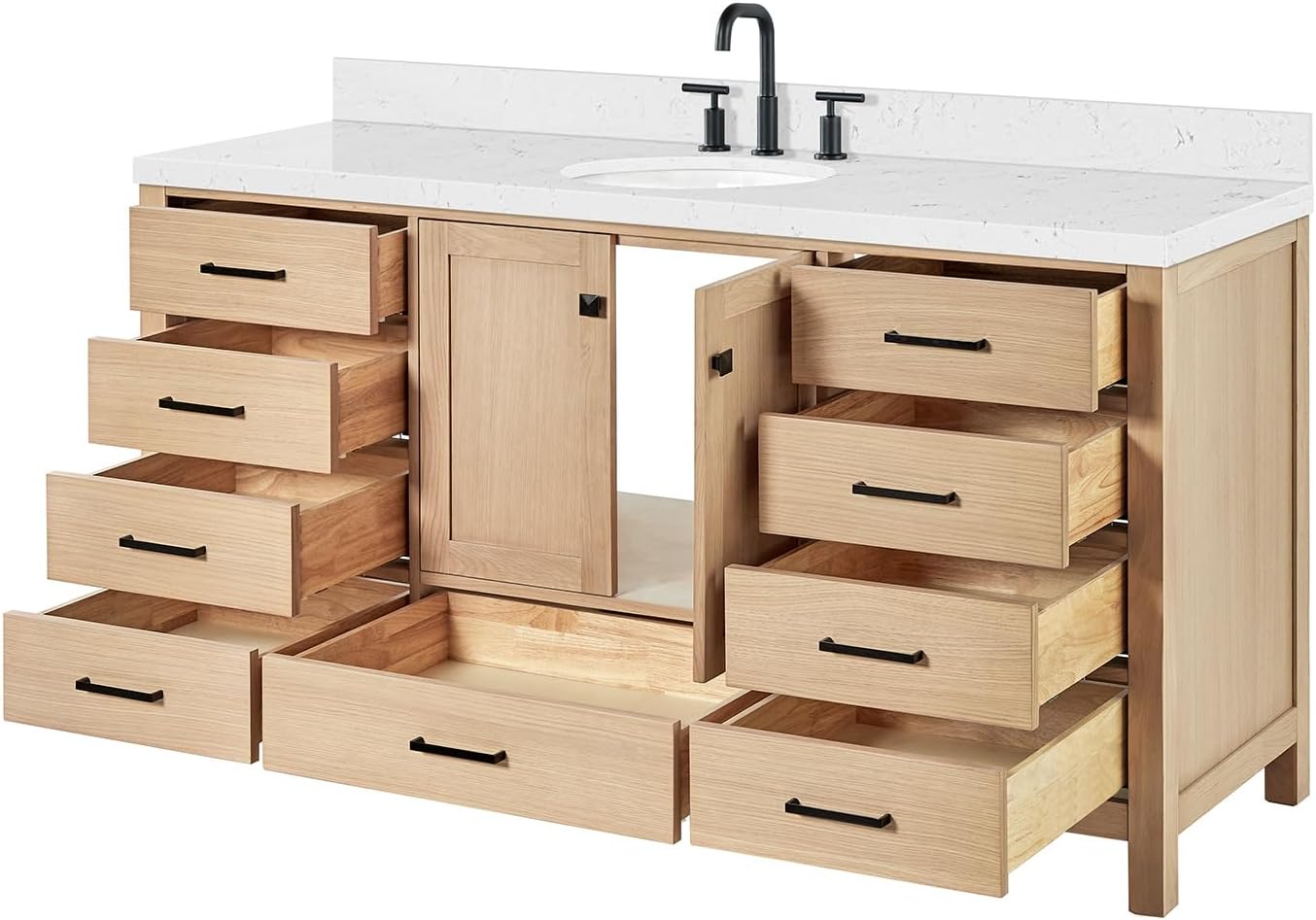 ARIEL Cambridge 66-inch Bathroom Vanity with Sink,Solid Wood, 1.5-inch Carrara White Quartz Countertop & Backsplash, Single Oval Porcelain Sink, 2 Soft Closing Doors, 9 Dovetail Drawers, White Oak