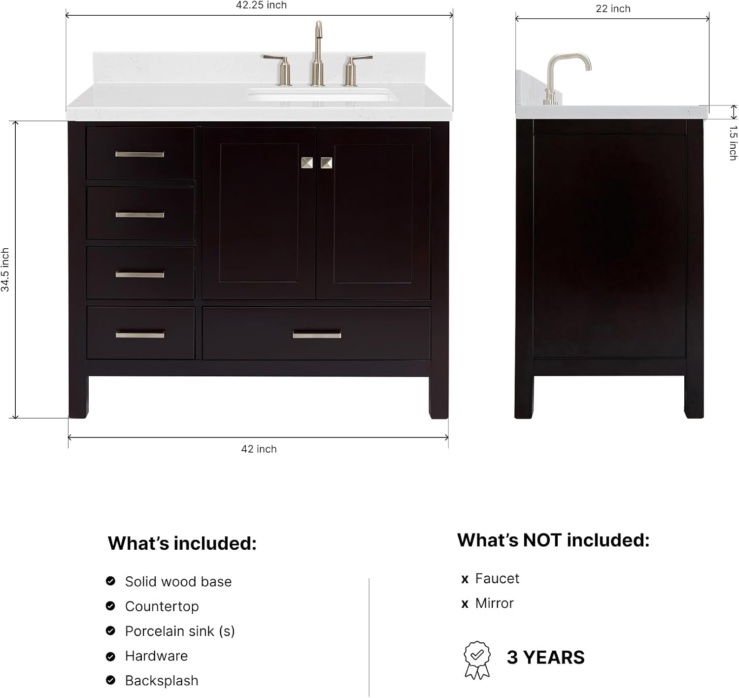 DKB Beckford 42' Espresso Single Bathroom Vanity with Sink, Solid Wood Frame, 1.5' Carrara White Quartz Countertop, Rectangular Undermount Sink, 2 Soft Closing Doors, 5 Dovetail Drawers