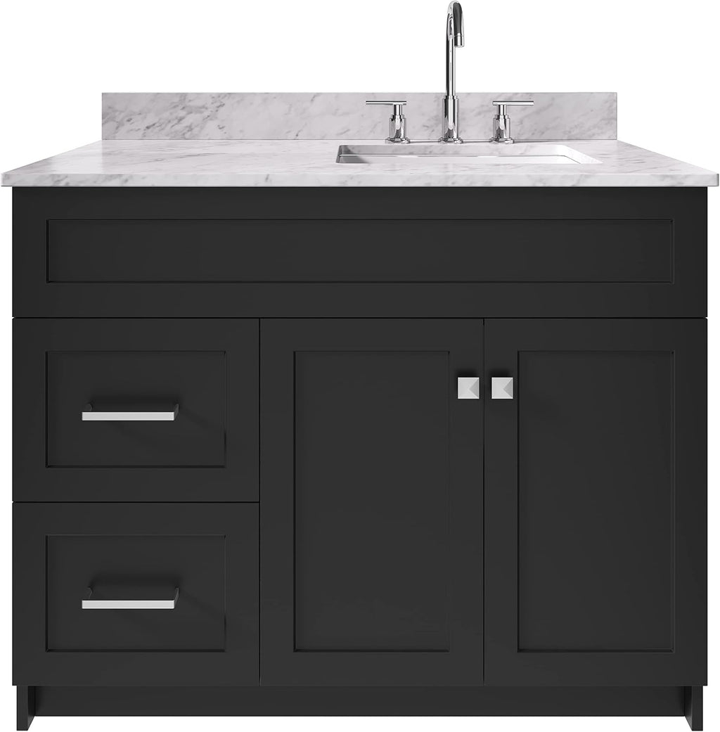 ARIEL Hamlet 43 in. Right Offset Rectangle Sink Vanity with 0.75 in. Carrara White Countertop in Black