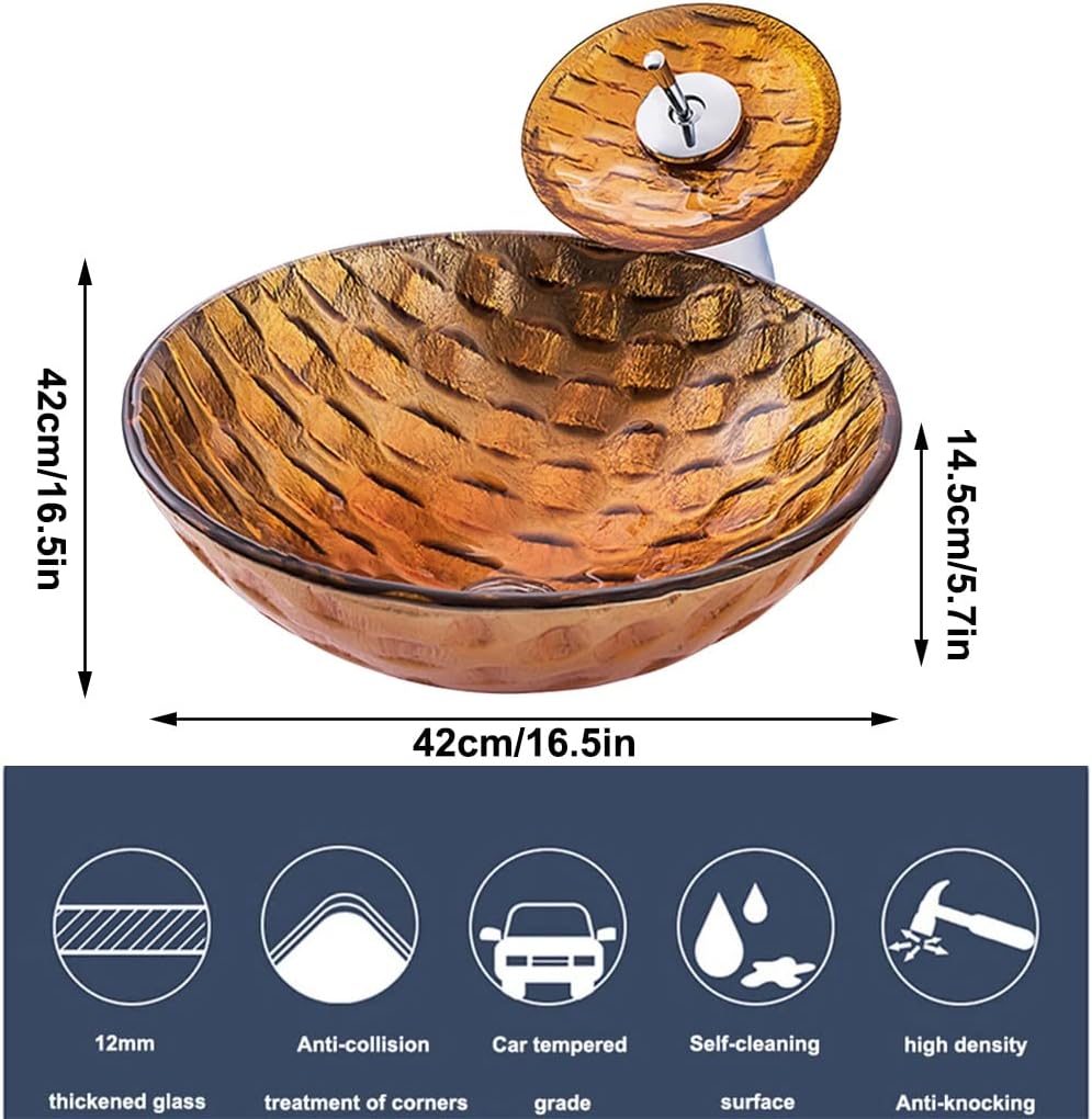 MBROS Tempered Glass Bathroom Vanity Sinks Orange Round Shape Artistic Vessel Sink Counter Top Installation with Waterfall Chrome Faucet Combo and Pop Up Sink Drain (Color : Orange, Size : 42x42x1
