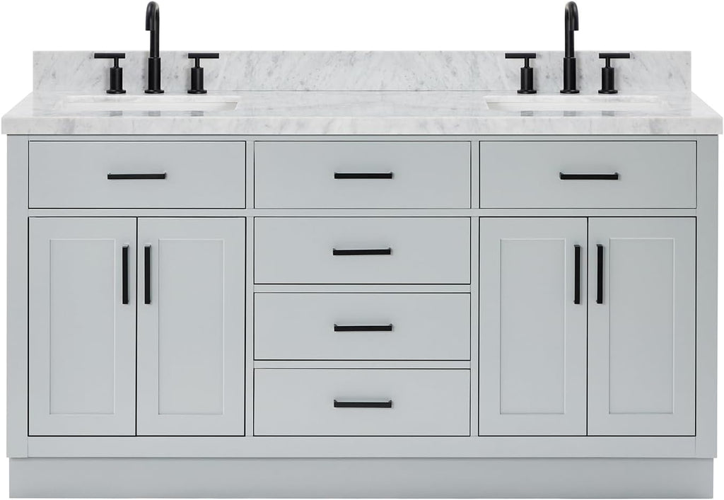 ARIEL Hepburn 66-inch Bathroom Vanity with Sink,Solid Wood, 1.5-inch Italian Carrara Marble Countertop, Double Rectangular Porcelain Sink, 4 Soft Closing Doors, 6 Dovetail Drawers, Grey