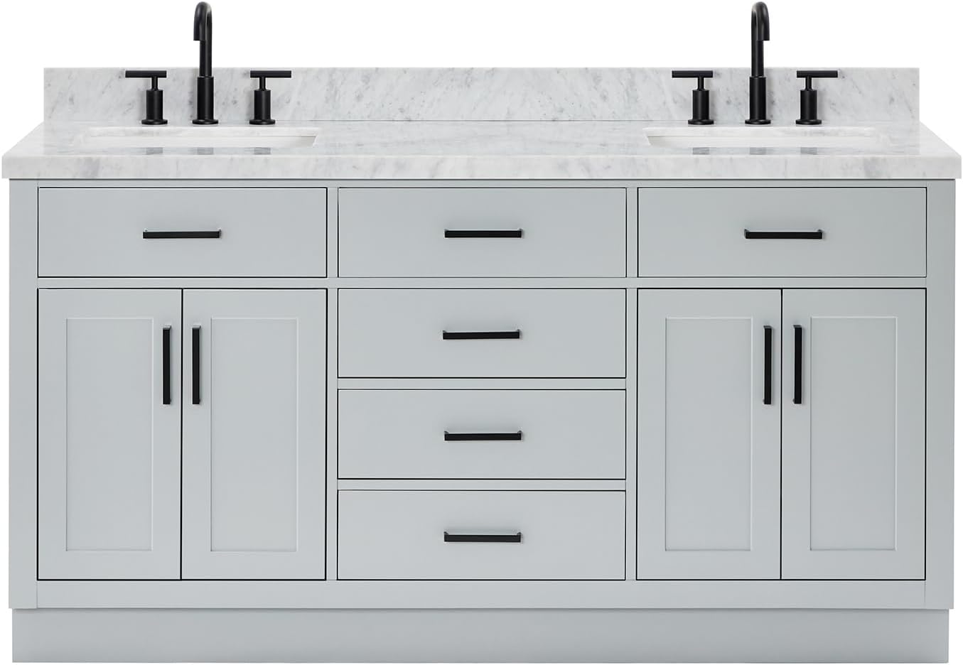 ARIEL Hepburn 66-inch Bathroom Vanity with Sink,Solid Wood, 1.5-inch Italian Carrara Marble Countertop, Double Rectangular Porcelain Sink, 4 Soft Closing Doors, 6 Dovetail Drawers, Grey