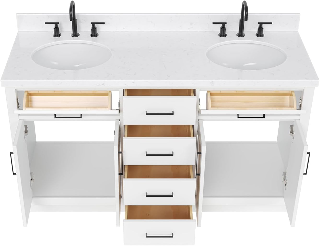 ARIEL Hepburn 60-inch Bathroom Vanity with Sink,Solid Wood, 1.5-inch Carrara White Quartz Countertop & Backsplash, Double Oval Porcelain Sink, 4 Soft Closing Doors, 6 Dovetail Drawers, White