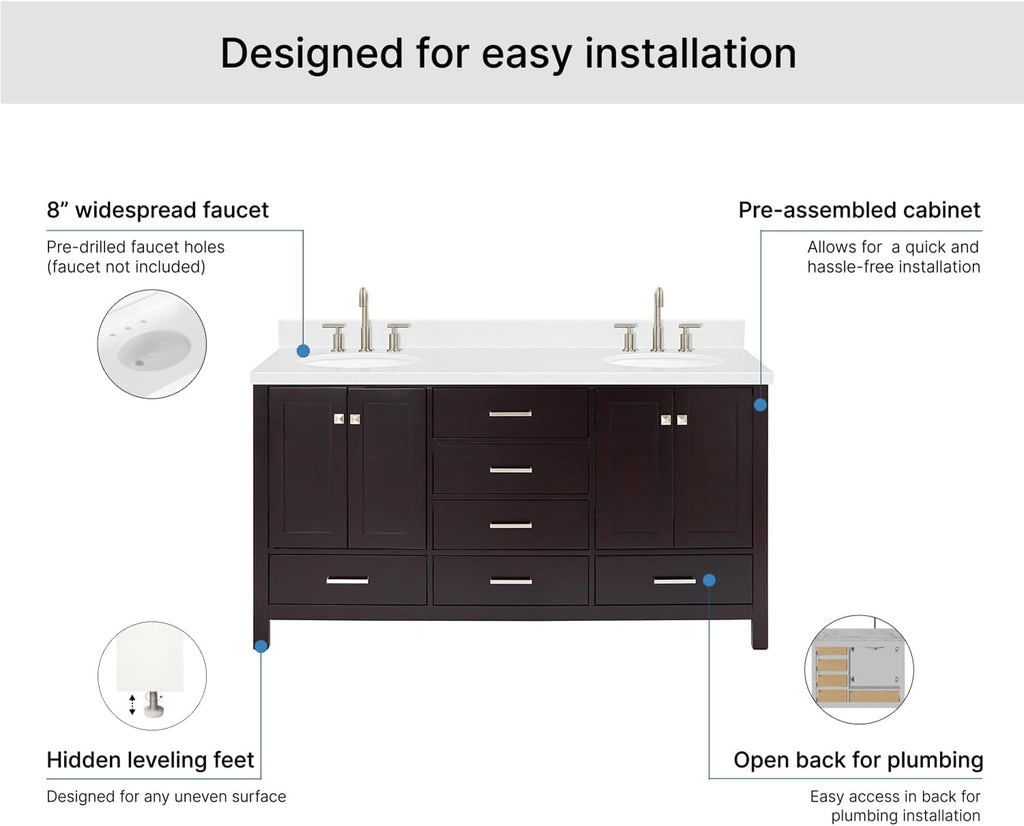 ARIEL Cambridge 66-inch Bathroom Vanity with Sink,Solid Wood, 1.5-inch Carrara White Quartz Countertop & Backsplash, Double Oval Porcelain Sink, 4 Soft Closing Doors, 6 Dovetail Drawers, Espresso
